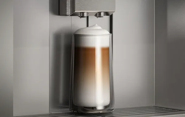 Primer plano de una cafetera Gaggenau haciendo un café latte con espuma